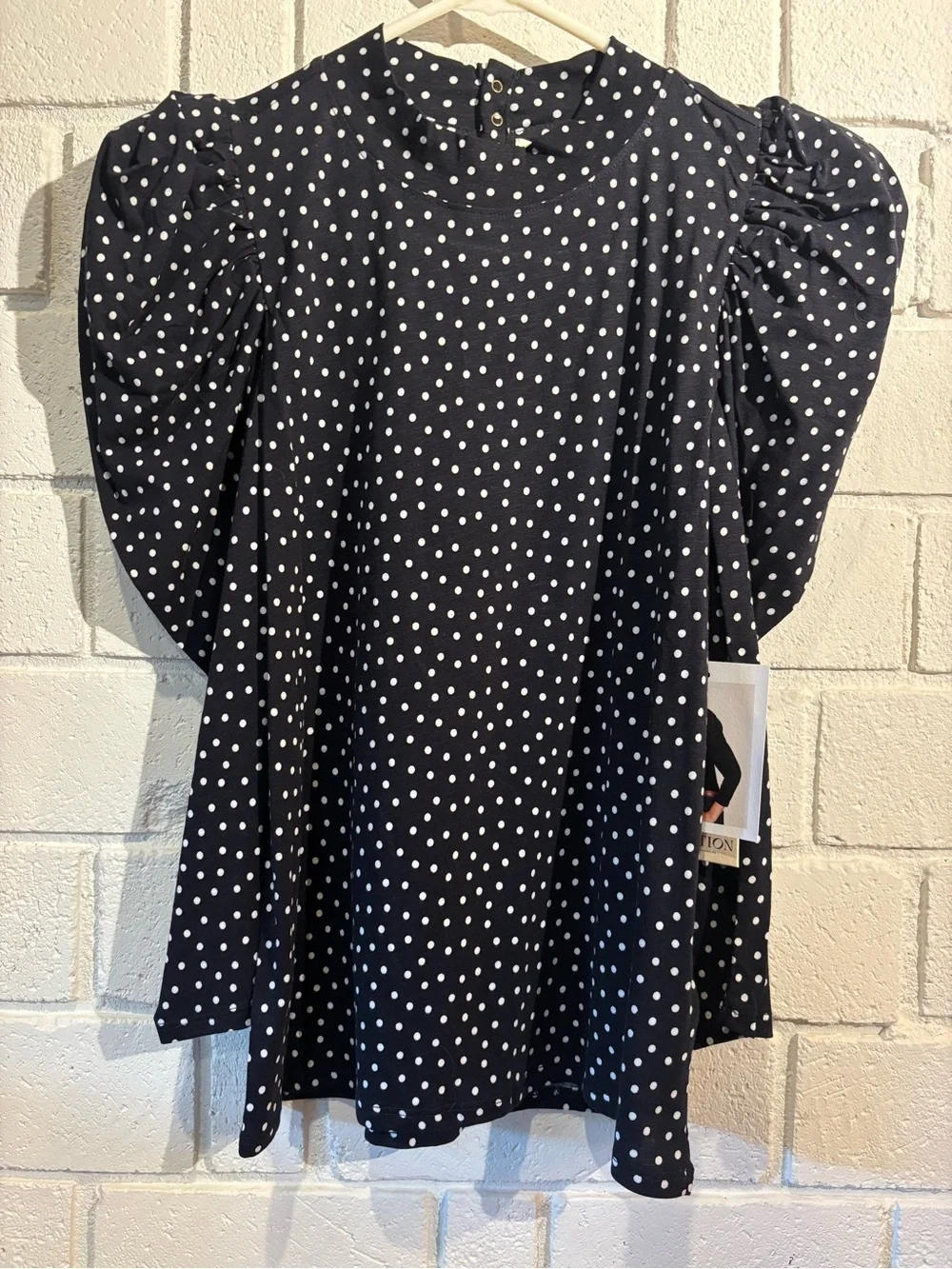 Anthropologie Navy and White Polka Dot Puff Sleeve Blouse